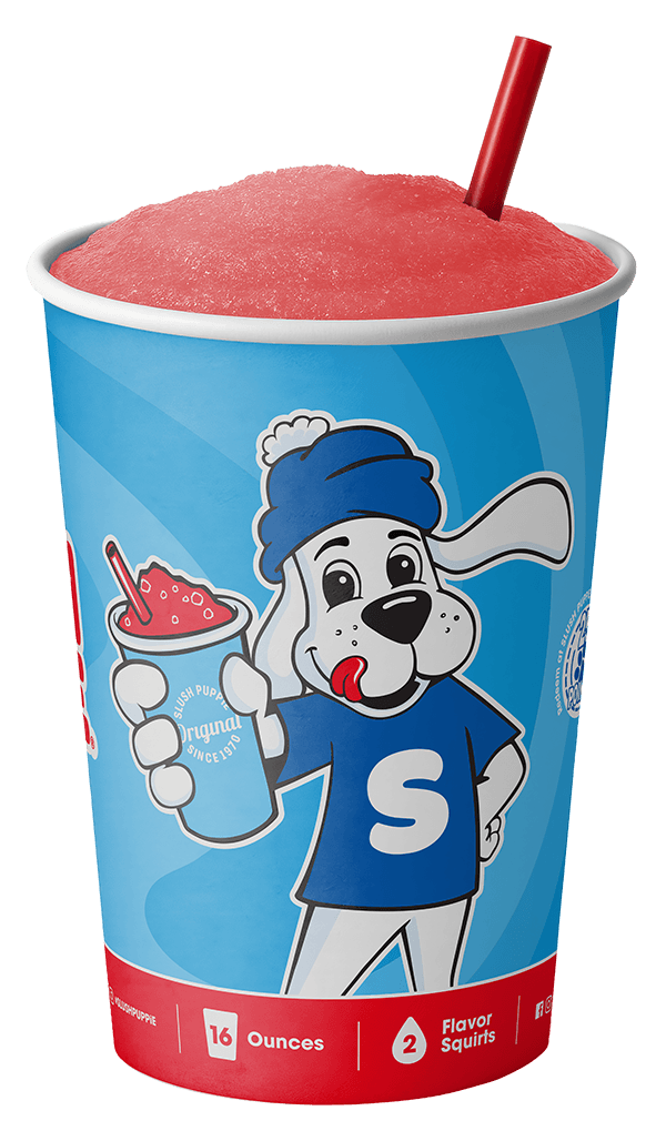 The SLUSH PUPPiE mascot holding a cup